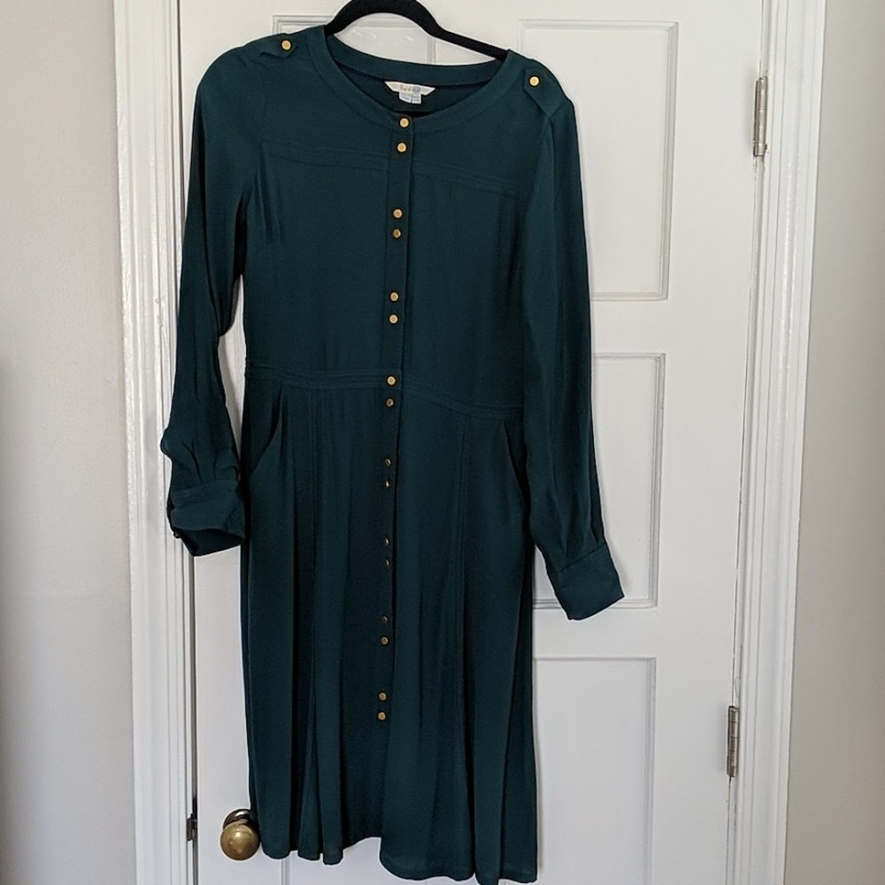 Boden Teal Green Midi Shirt Dress with Gold Buttons